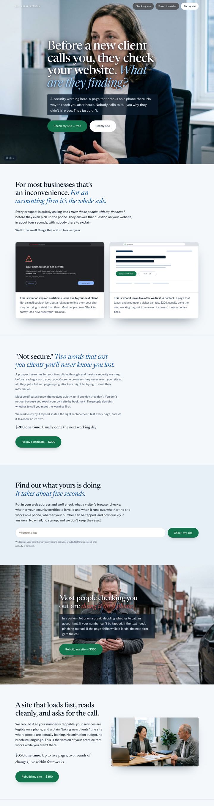 The accounting and bookkeeping site, scrolling from its opening question through the free site checker to the pricing.