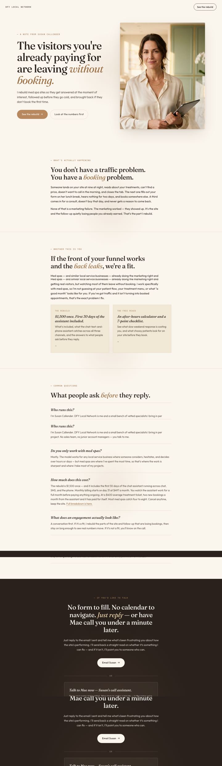 The med spa site, scrolling from its opening line through the offer to the questions people ask before they reply.